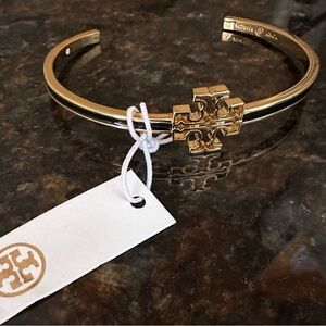 NWT Tory Burch Logo Britten Cuff Black Enamel and Gold